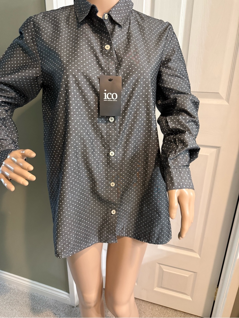 Gray White Polka Dot Button Shirt Top Career Workwear Size S Versatile